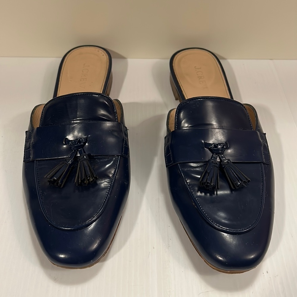 J Crew Leather Patent Navy Mules Loafers with Tassel size 9.5 - gently used - Picture 3 of 15